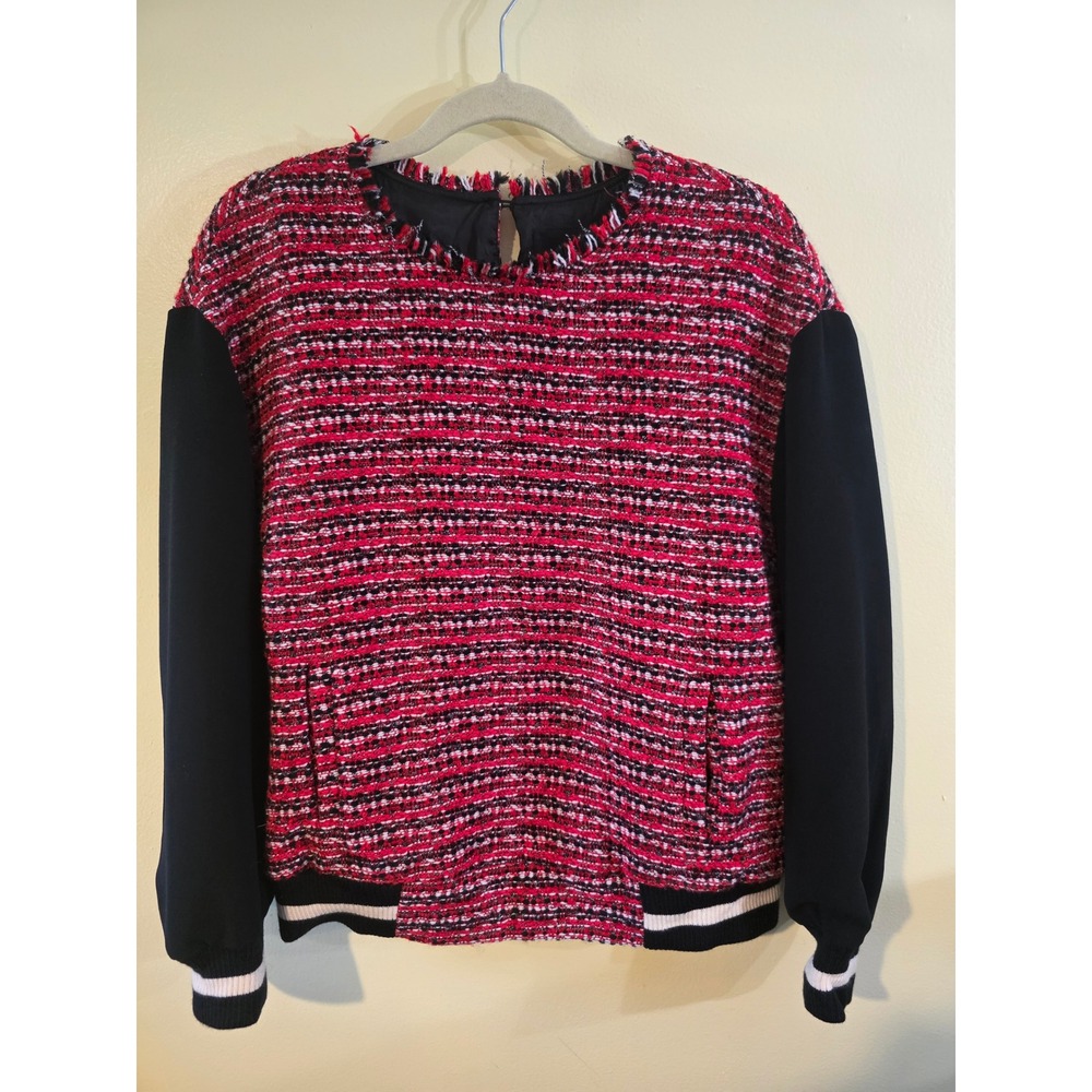 J.Crew Collection Tweed Mixed Media Top Red Black White Varsity Trim Size 12